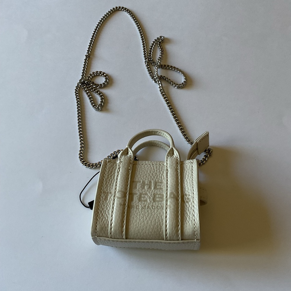 MARC JACOBS THE TOTE BAG NANO TOTE CROSSBODY BAG WHITE WITH SILVER HARDWARE